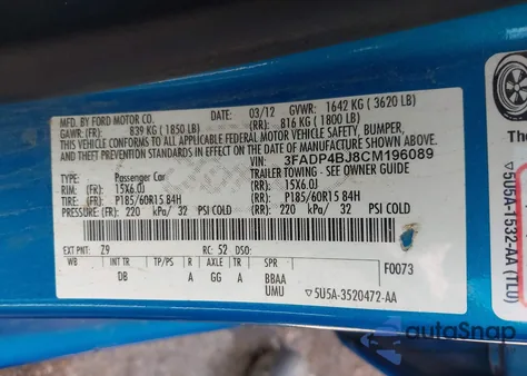 2012 Ford Fiesta Se из США, поврежденный, VIN 3FADP4BJ8CM196089